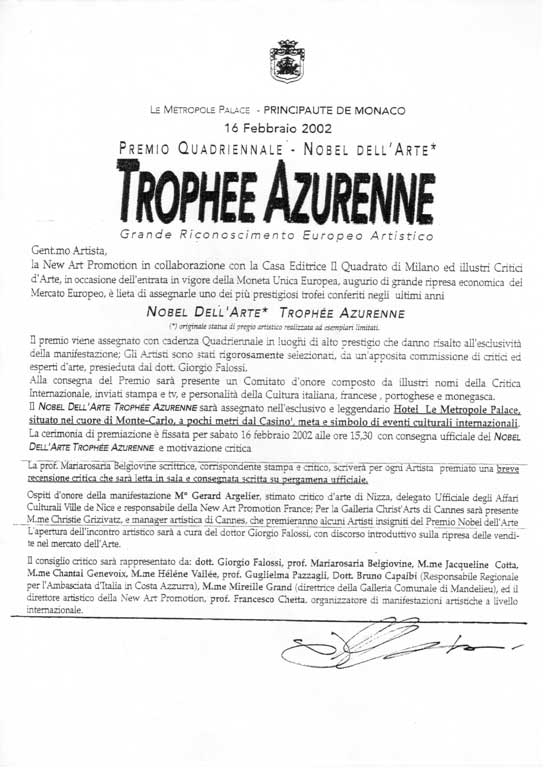 Jean Merech pittore premiato con il Trophee Azurenne